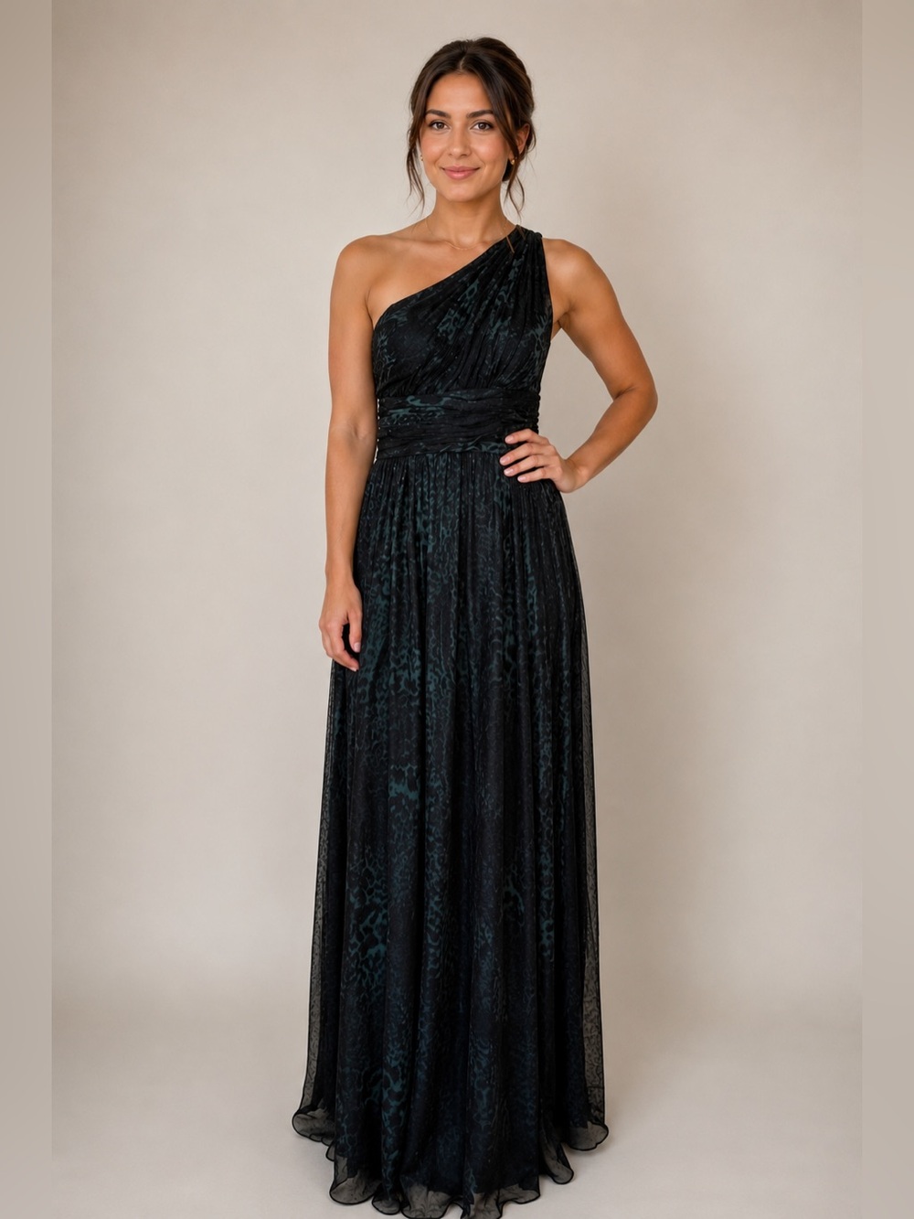 Tadashi Shoji Silk One Shoulder Gown Animal Print Formal Dress Size 10